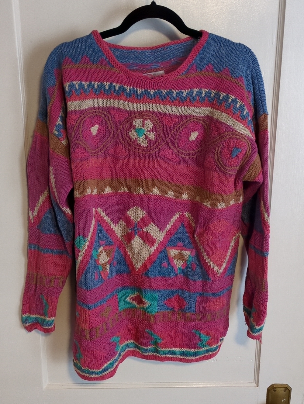 Colorful Hand Knit Pink Geometric Knit Crewneck Sweater